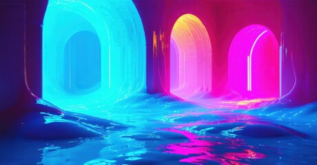 Fototapeta premium Bright neon arches rise from flowing water. Vivid colors create futuristic, dreamlike scene. Dramatic lighting emphasizes depth.