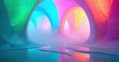 Fototapeta premium Vibrant arches form tunnel. Light glows, reflecting off wet surface. Colors blend, creating surreal atmosphere. Mysterious, captivating scene.