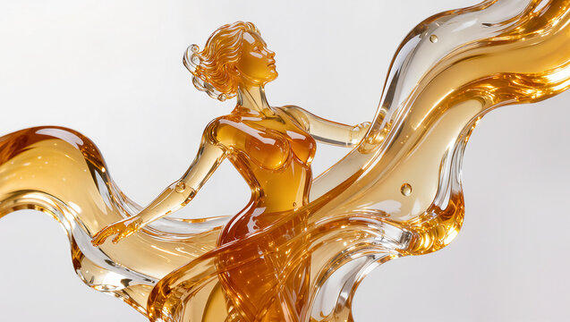 ): Liquid gold sculptural wave frozen in motion, abstract amber fluid dynamics art on white