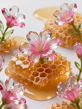 Pink crystal flower garden rooted in honeycomb base with amber honey pool, botanical jewelry still life