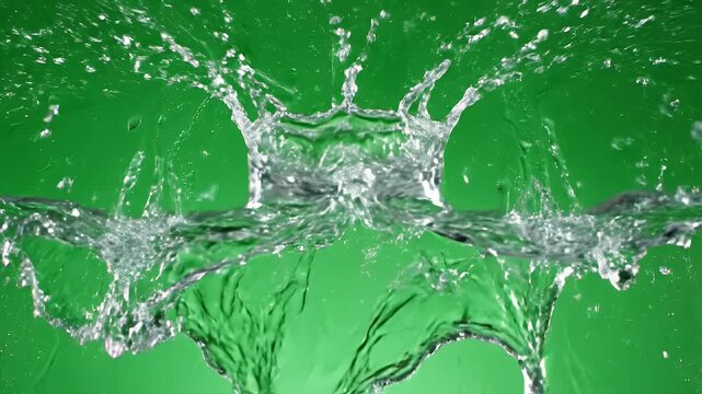 Water droplets and splashes captured mid-air, creating a crown-like formation on a green backdrop