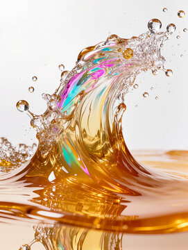 Amber honey tidal wave crashing over honeycomb reef with prismatic spray, dynamic fluid collision art