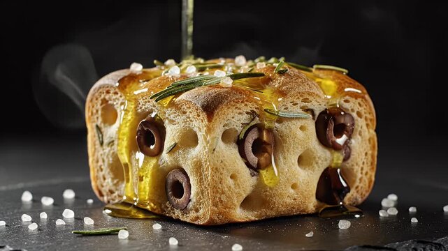 Artisan focaccia preparation: golden olive oil drizzled over warm rosemary olive bread with sea salt, an exquisite culinary delight unfolding on a