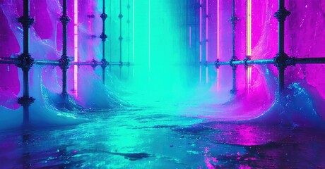 Futuristic tunnel glows with vibrant neon lights. Wet surfaces reflect intense blue, purple hues creating dramatic scene.