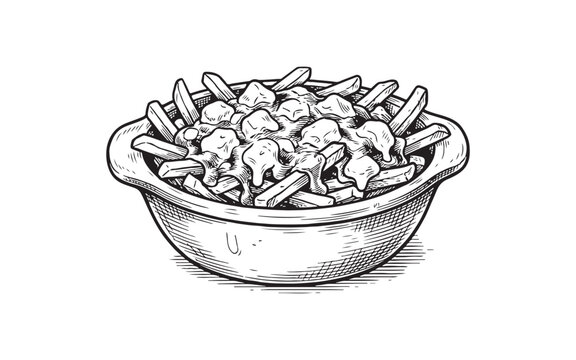 Hearty bowl of poutine featuring french fries topped with cheese curds and thick gravy vintage engraving style.