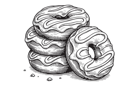 Stack of three glazed yeast doughnuts with chocolate and vanilla icing vintage hand-drawn engraving style.
