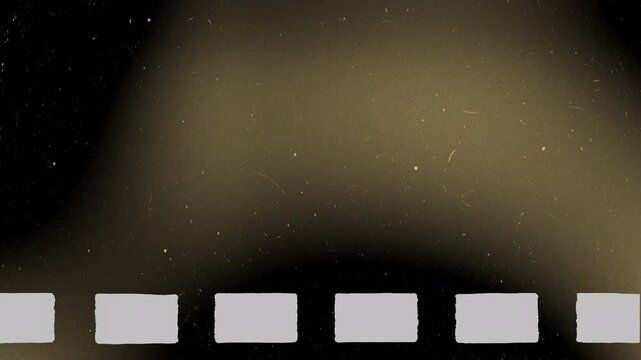 4K retro filmstrip frame overlay featuring realistic scratches, dust and warm light leak glow. Designed for opacity or screen blend mode use.
