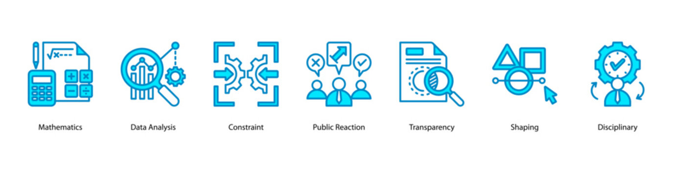 Data and Evaluation web banner icon vector illustration featuring Mathematics, Data Analysis, Constraint, Public Reaction, Transparency, Shaping, and Disciplinary.