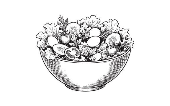 bowl of fresh garden salad with lettuce, cucumbers, radishes, and tomatoes vintage engraving style.