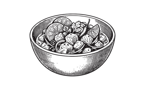 ceviche bowl with diced fish, lime slices, and chili peppers in a detailed vintage woodcut engraving style.