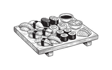 Diverse sushi and sashimi platter with nigiri, maki rolls, ginger, and soy sauce in a vintage woodcut engraving style. © trianatio