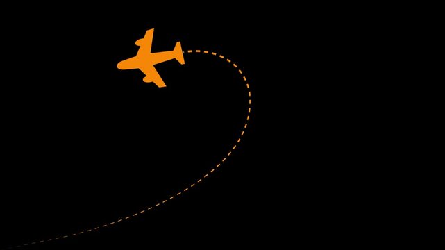 Airplane route dotted line animation on black background. journey or travel destination path motion. Flying plane icon 4k video.