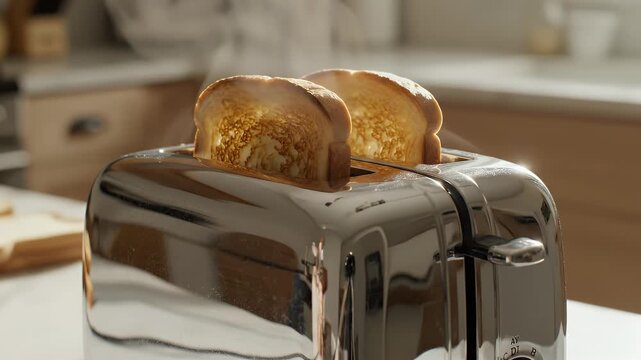 A stainless steel toaster ejects two toasted bread slices, steam rising. Kitchen background