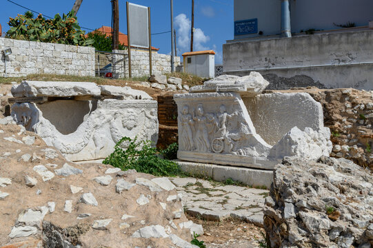 Carved Sarcophagus Lids at the Roman Site of Fiskardo, Kefalonia, Greece