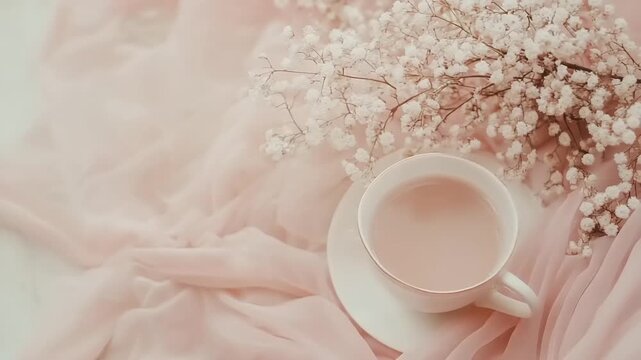 Delicate pink fabric and flowers surround a cup of warm beverage.