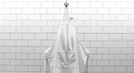 Clean white bathrobe hanging on a hook against a tiled wall.