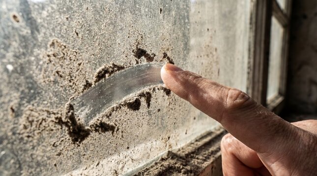Macro of Finger Tracing a Clear Line Through Thick Grey Dust on Glass Surface