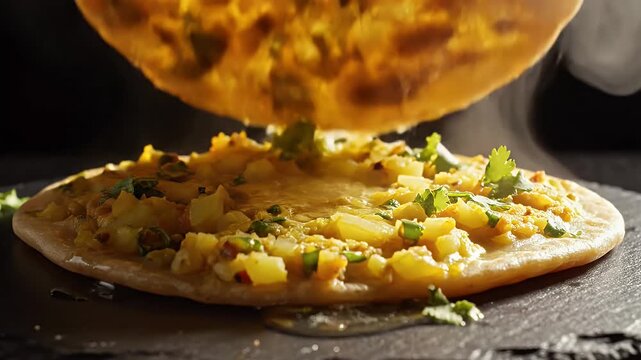 A visual feast: hot stuffed flatbread prepared with butter and melted ghee, revealing savory potato and herb filling