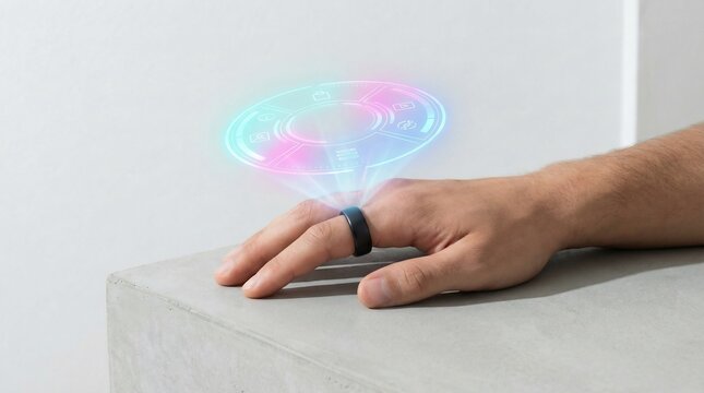 Male hand wearing a dark fitness tracker ring displays a colorful circular holographic interface above the knuckle.