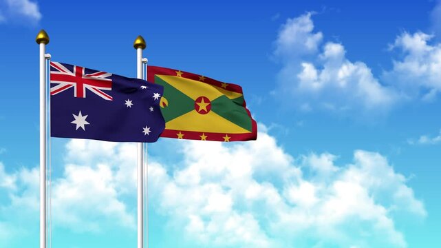 Waving flags of AUSTRALIA and GRENADA on pole included with alpha