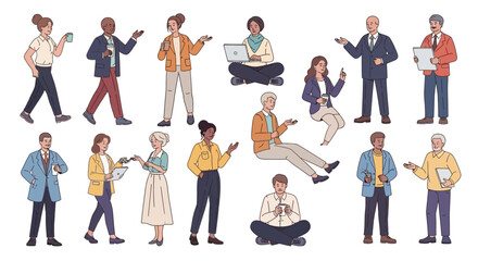 Obraz premium Diverse group of people using various devices in different poses and attire, showcasing modern lifestyle and technology interaction