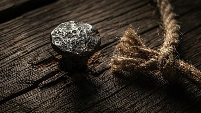 Macro Detail of Large Hand-Forged Iron Nail Head in Dark Wood Grain