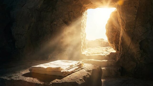 Interior View from Dark Cave Tomb Looking Out to Bright Daylight with Folded Cloth