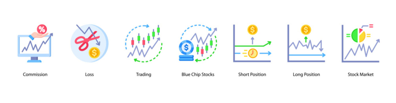Equity Positions web banner icon vector illustration featuring Commission, Loss, Trading, Blue Chip Stocks, Short Position, Long Position, and Stock Market.