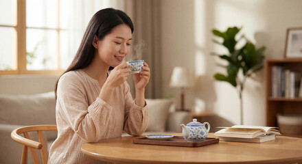 Young Chinese woman enjoying tea while relaxing at home in natural light  