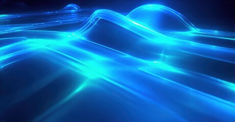Abstract blue light waves form flowing landscape. Bright energy radiates, creating futuristic scene. Dark background emphasizes luminosity.