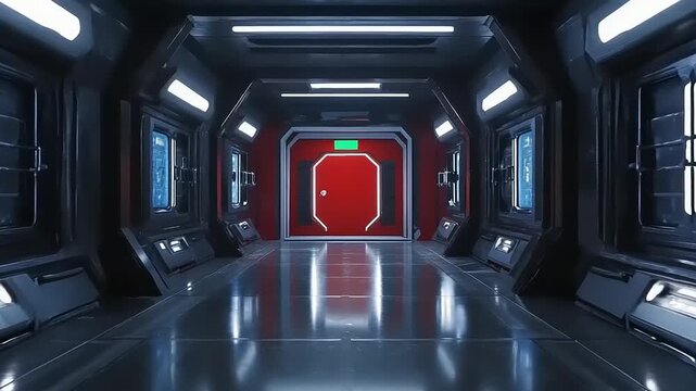 Futuristic Sci Fi Corridor With Red Door And Glowing Lights.