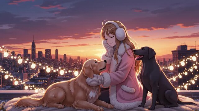 Anime girl with two dogs on winter city rooftop at sunset