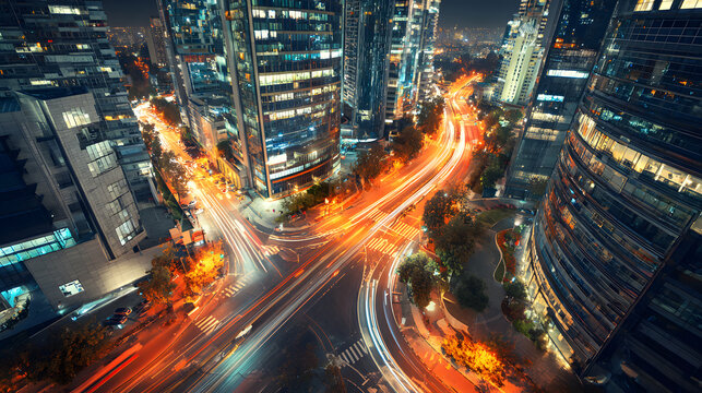 Busy City Intersection at Night with Car Lights and Urban Architecture in a Dynamic Aerial View