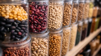 Rows of glass jars filled with various dried beans and legumes, showcasing a vibrant and colorful collection of wholesome ingredients.