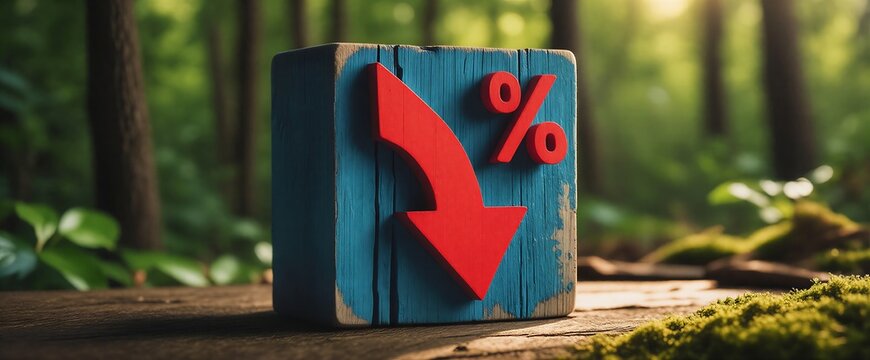 A conceptual image representing financial decline and economic downturn with a wooden block showing a red downward arrow and percentage sign in a forest setting