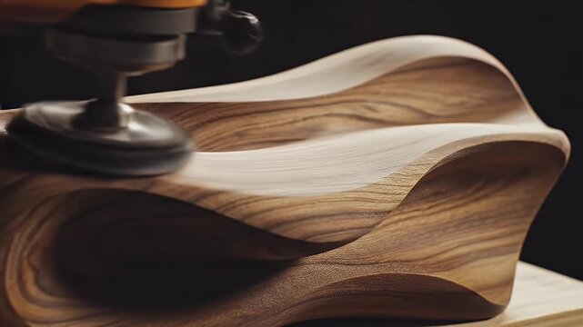 Close-up of a wood carving in progress with a rotating tool. Wood shavings visible