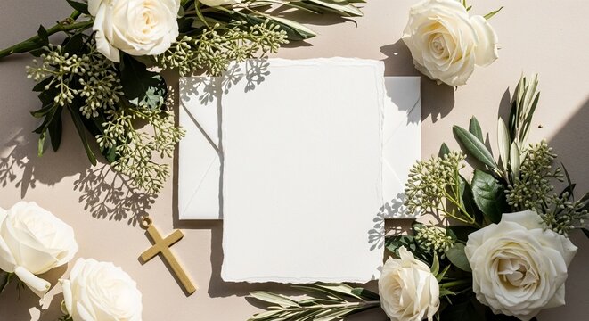 Christian Wedding Invitation Mockup with White Roses and Wooden Cross&rdquo;