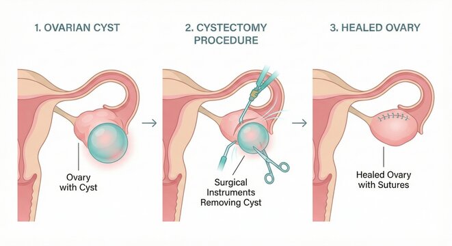 Ovarian cyst removal medical triptych illustration features three panel sequence from pathology to surgery and recovery, clean educational healthcare infographic design