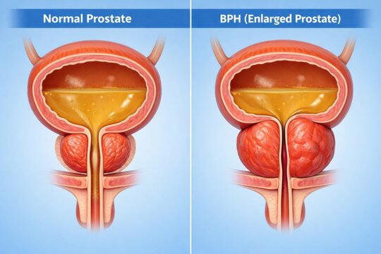Prostate adenoma prostatitis medical comparison diptych shows normal prostate with open urethra versus enlarged gland compressing urethra, bladder distension visible, 3D anatomy render