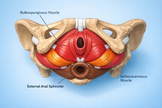 Male pelvic floor anatomy inferior view (looking from below) shows bulbospongiosus ischiocavernosus and anal sphincter with narrow pelvic arch geometry, detailed perineal muscle visualization