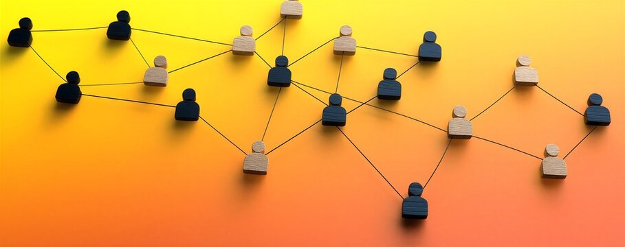 Abstract representation of a connected network with multiple wooden and dark blue personshaped figures linked by thin black lines