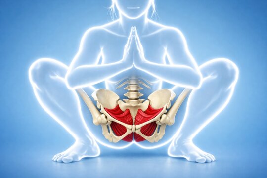 Pelvic floor anatomy deep squat Malasana visualization shows female pelvis with elongated taut muscle fibers between sit bones, glowing body contour, detailed 3D medical render