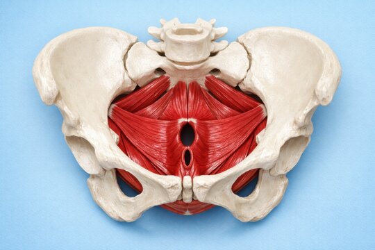 Pelvic floor anatomical 3D render shows superior view of female bony pelvis with levator ani and coccygeus muscles forming supportive hammock, detailed muscle fiber texture