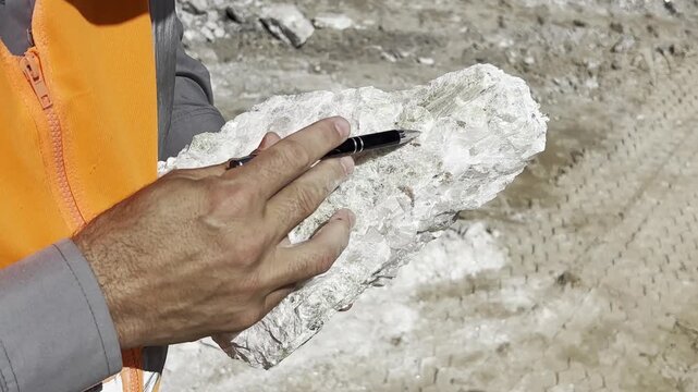 A lithium mining company employee shows several minerals found at a piece of rock recently extracted