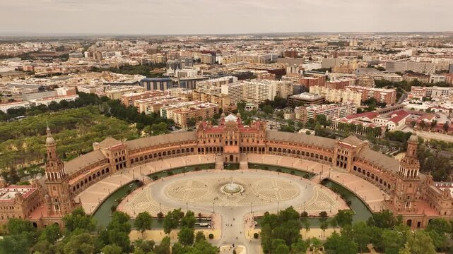 Drone Flying Away From Plaza de Espa&ntilde;a in Seville Spain Revealing Cityscape