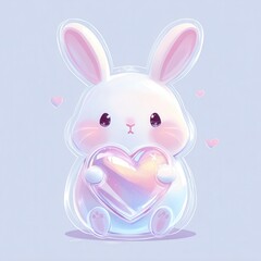 Obraz premium Cute cartoon bunny holding a shiny heart with pastel colors in a simple background on a bright day