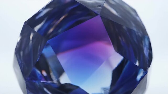 Abstract Faceted Jewel Tone Gem on White Surface with Dark Blue and Purple Hues Creates a