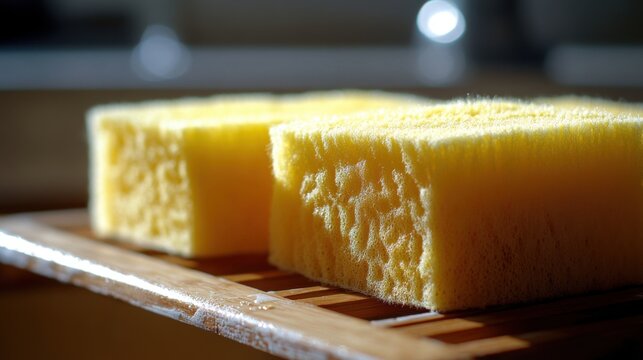 Two vibrant yellow textured sponges sitting side by side on a polished wooden surface, perfectly ready for essential daily dish cleaning tasks.
