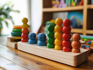 A set of colorful wooden educational toys arranged neatly, fostering creativity and learning in children