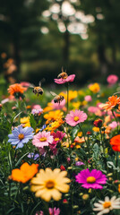 Bees in flight over a vibrant wildflower meadow, pollinating diverse cosmos and daisy blooms, symbolizing the crucial role of pollinators in nature